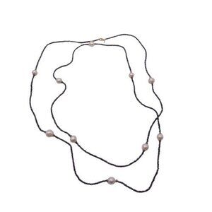 SB Long Black Spinel and Fresh Water Pearl Station Necklace with Lobster Clasp F